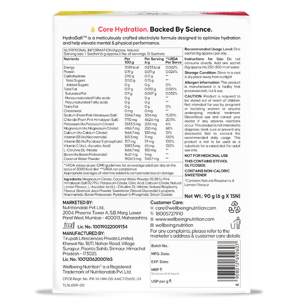 Wellbeing Nutrition Hydrasalt Electrolyte Drink Instant Hydration Raspberry Lemon