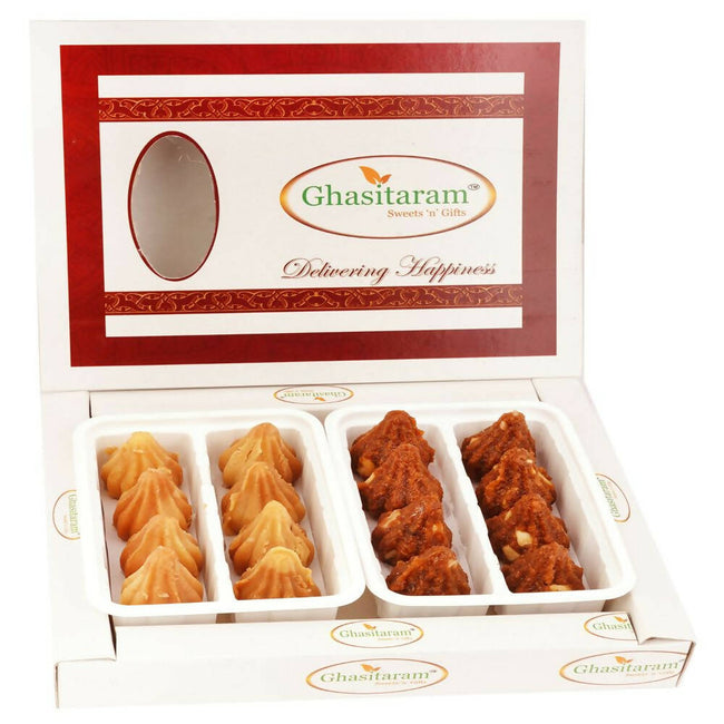 Ghasitaram White Box of Dodha Barfi and Mysore Pak Modaks Hover Image