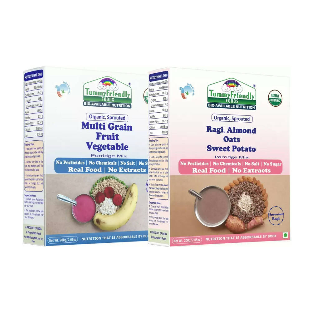 TummyFriendly Foods Organic Multi-Grain, and Sprouted Ragi, Oats, Red Lentil, Banana Porridge Mixes Combo