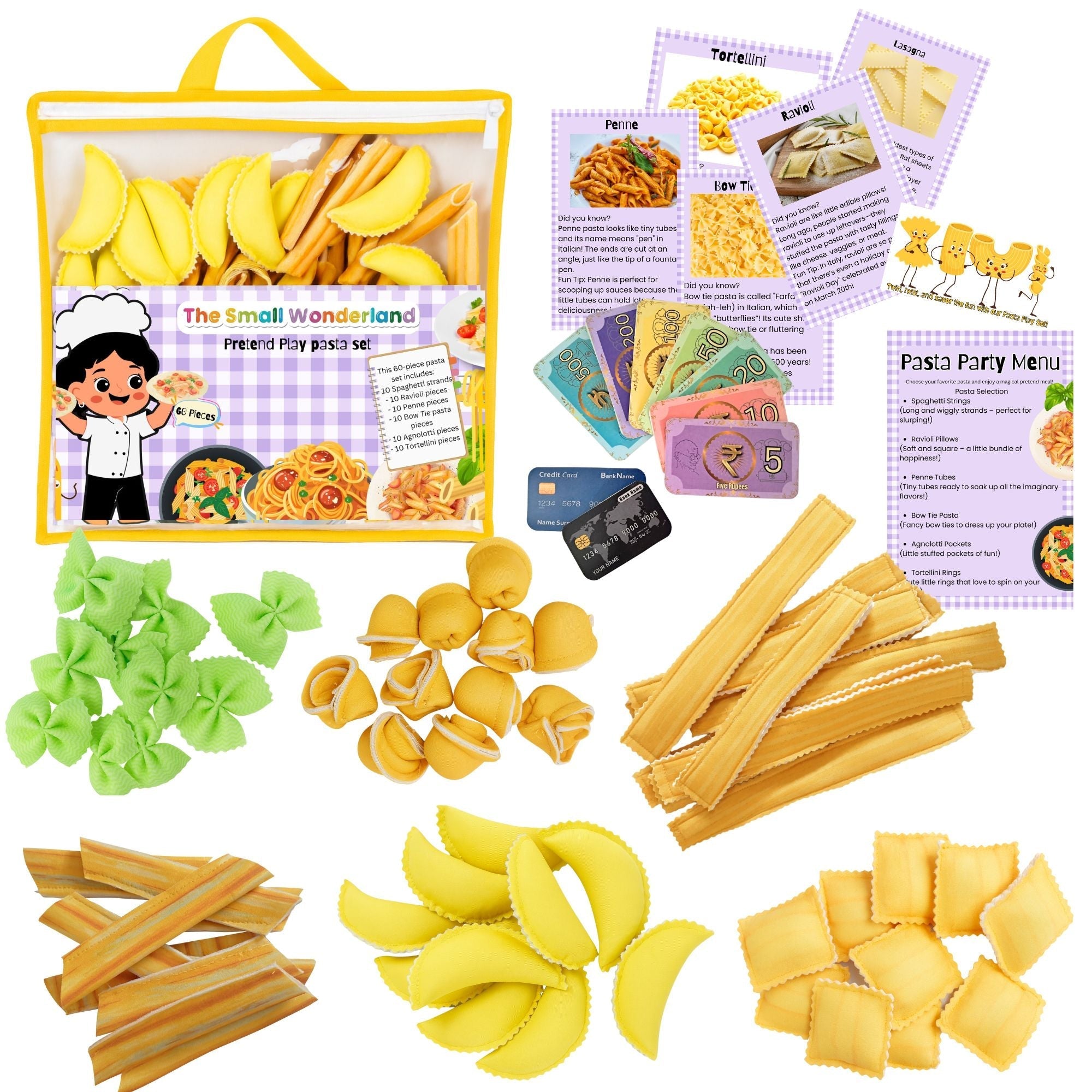The Small Wonderland Pretend Play Fabric Pasta Set-60 Pieces-Realistic looking kids play food toys