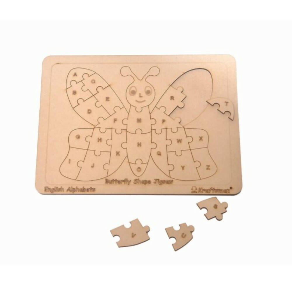 Kraftsman English Alphabets Wooden Jigsaw Puzzles Butterfly Shape Puzzle | Color Kit Included