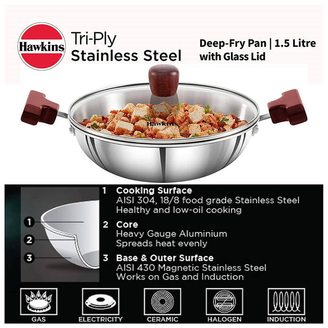 Hawkins Tri-Ply Stainless Steel Deep-Fry Pan with Glass Lid Silver (SSD15G) Main Image