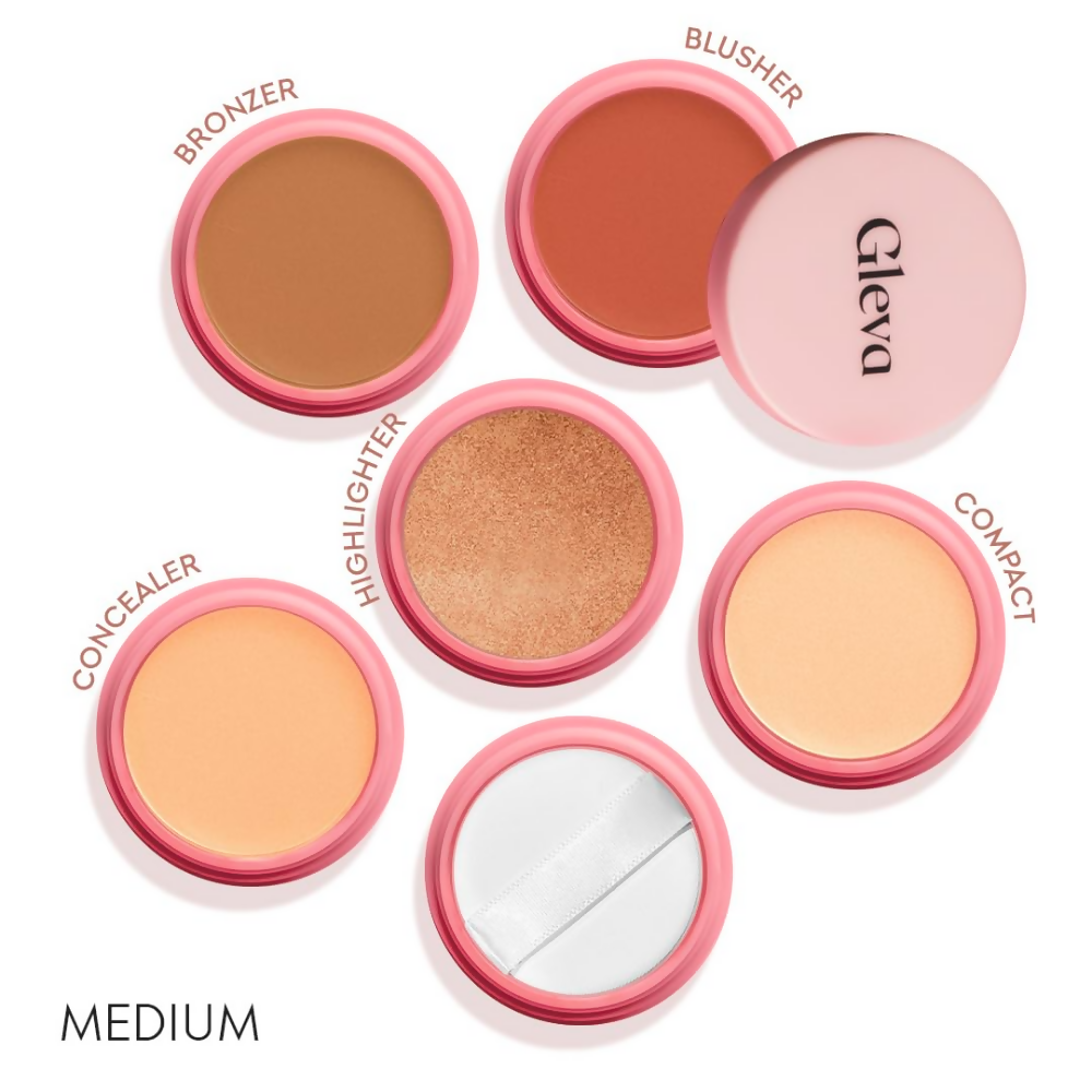 Gleva 5 In 1 Makeup stack Gleva 5 In 1 Makeup stack WIth Concealer, Bronzer, Blusher, Compact & Highlighter Smooth & Blendable Formula - Medium