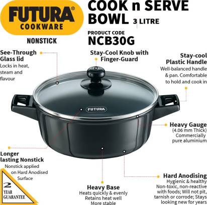 Hawkins Futura Non-stick Cook-n-Serve Bowl with Glass Lid 23 cm Diameter 3 L (NCB30G)