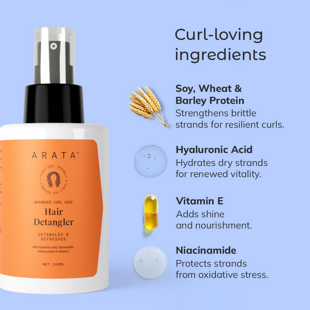 Arata Curl Hair Detangler With Hyaluronic Acid, Niacinamide - Detangles & Strengthens Curls