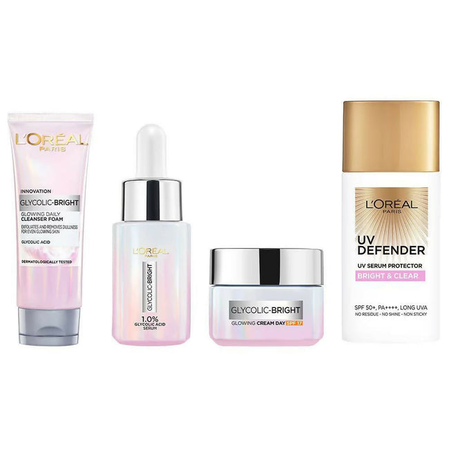 L'Oreal Paris Glycolic Acid Glowing And Protecting CSMS (Cleanser, Serum, Moisturizer, Sunscreen) Regime Kit Hover Image