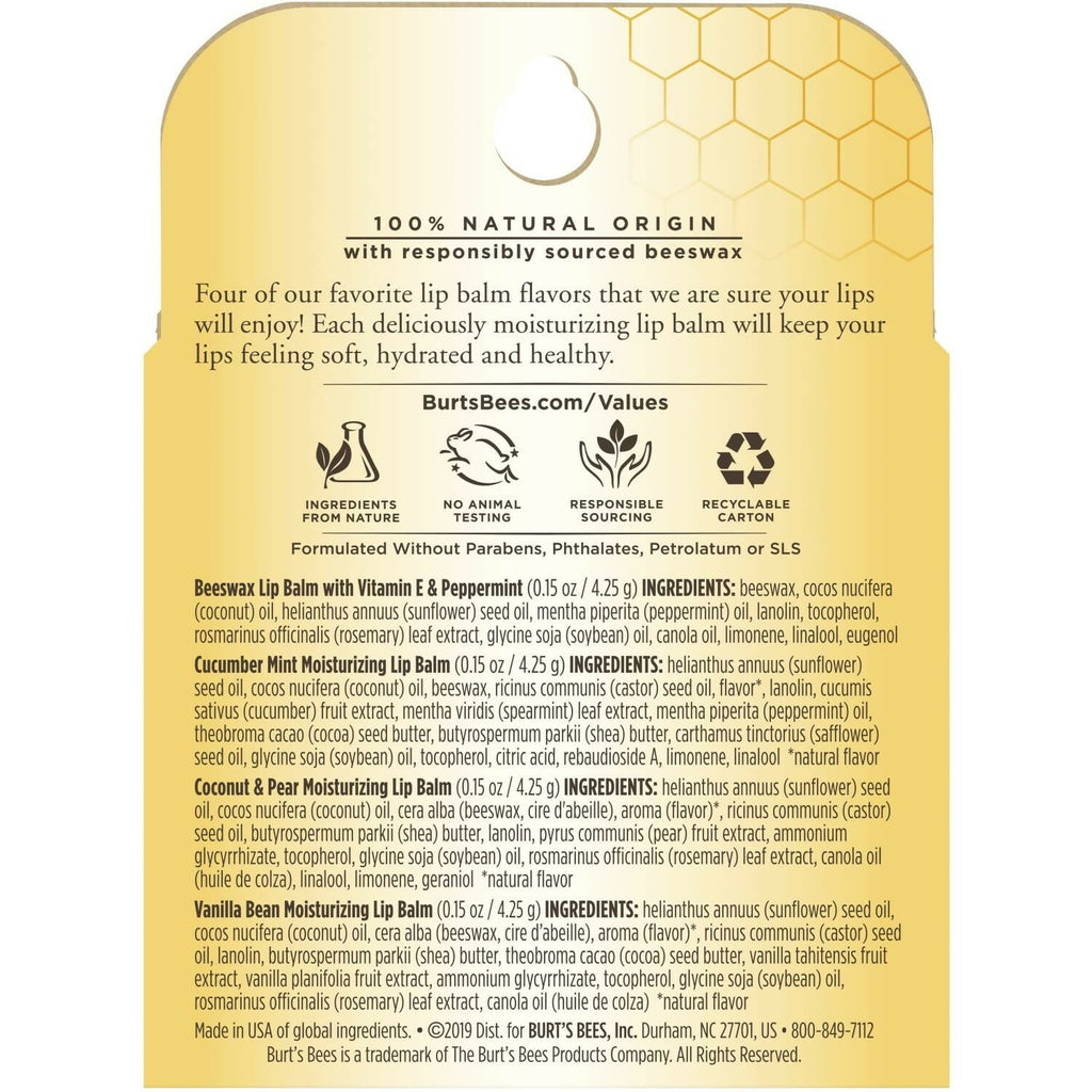 Burt's Bees Natural Moisturizing Lip Balms (Beeswax, Cucumber Mint, Coconut & Pear, Vanilla Bean)