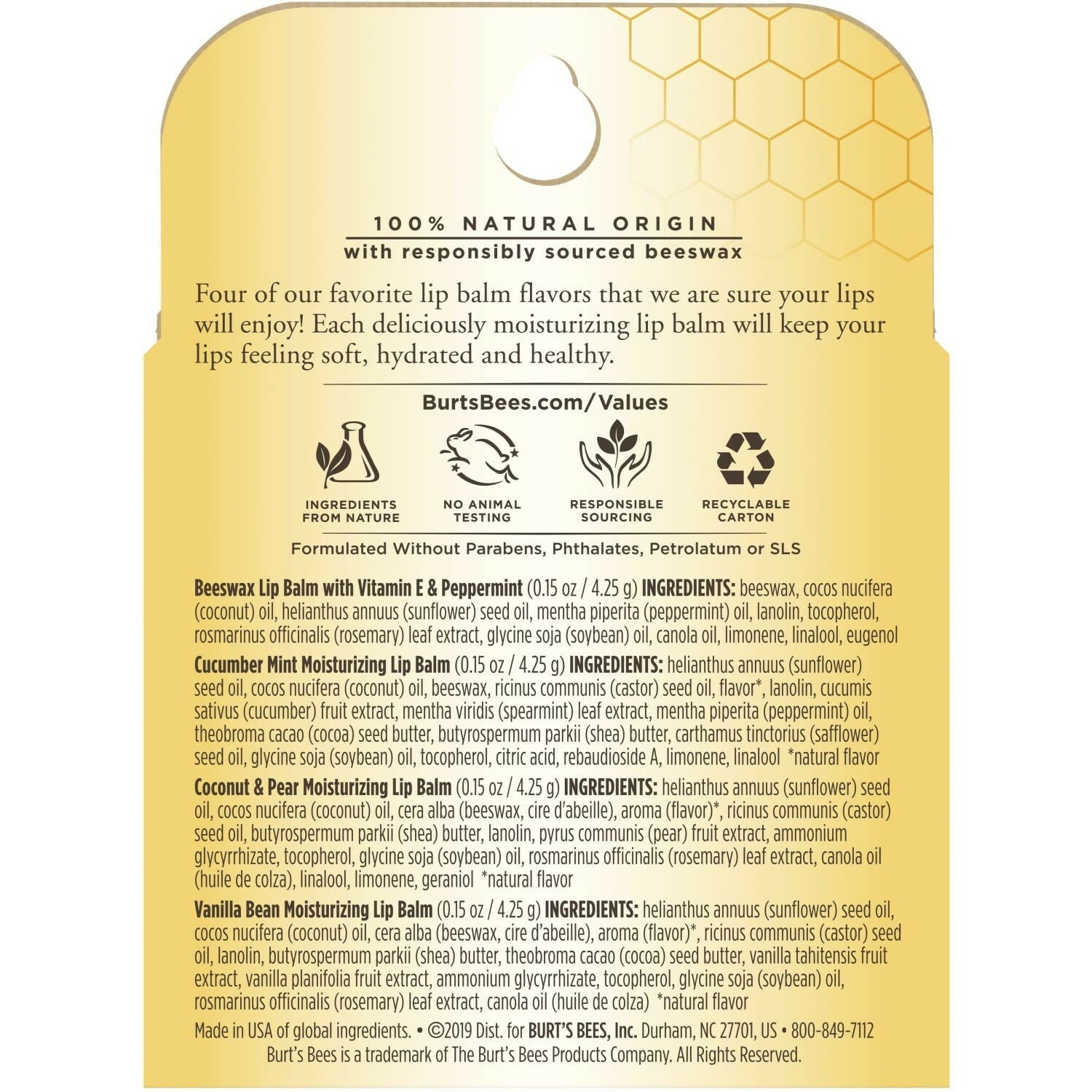 Burt's Bees Natural Moisturizing Lip Balms (Beeswax, Cucumber Mint, Coconut & Pear, Vanilla Bean)