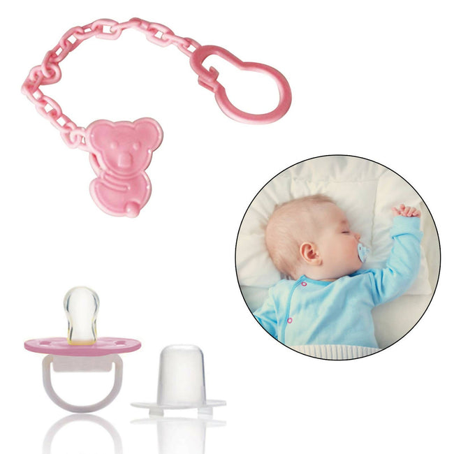 Safe-O-Kid Animal Design Silicone Pacifier/Soother With Holder Chain And Clip, Pink Hover Image