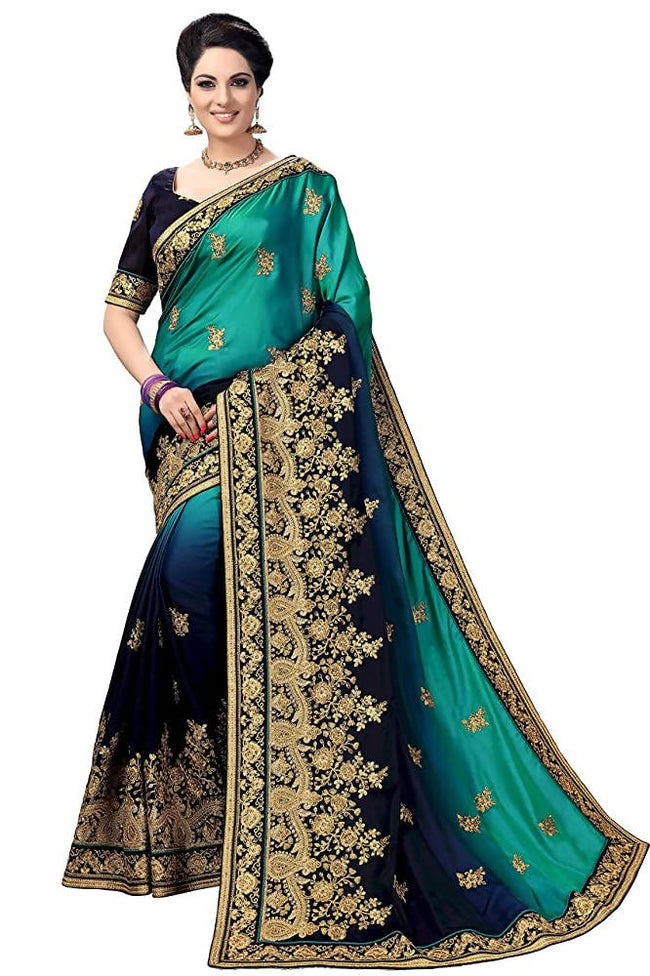 Sarvadarshi Fashion Women's Blue Barfi Silk Heavy lace Embroidery work Saree With blouse piece Hover Image