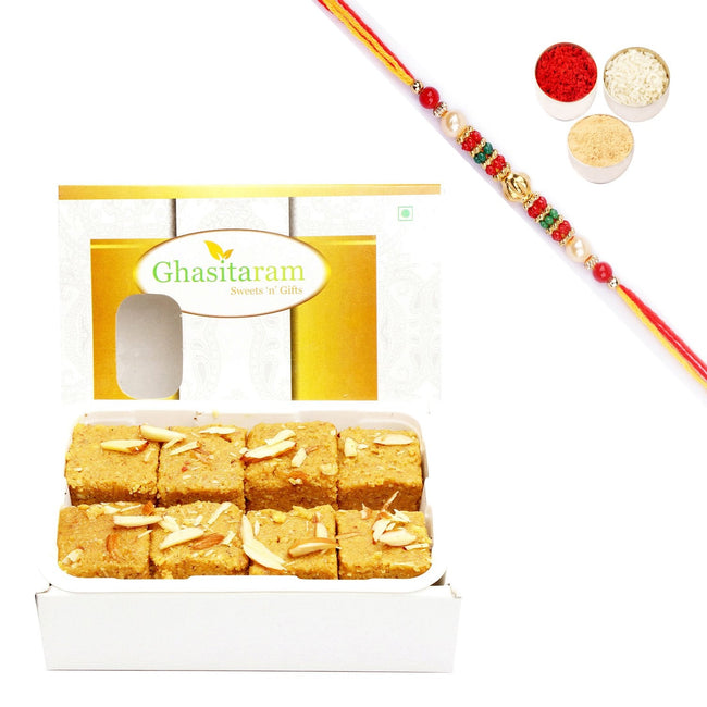 Ghasitaram Nani's Special Besan Barfi With Pearl Beads Rakhi Hover Image