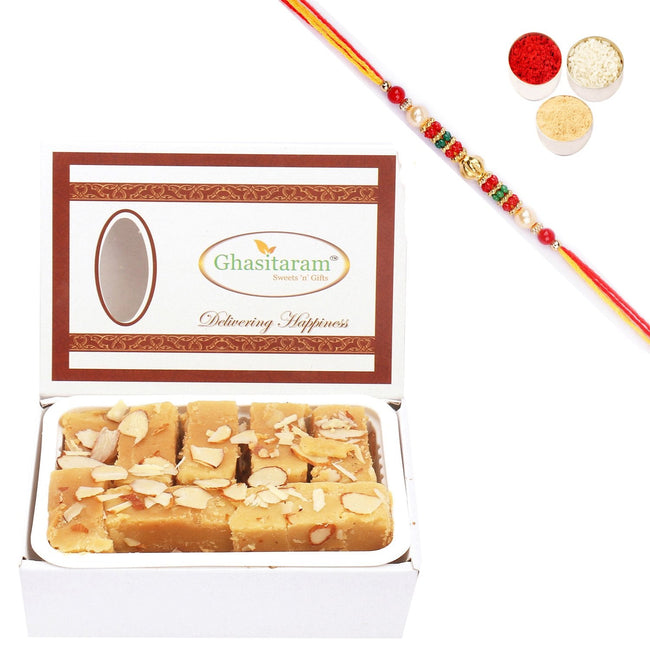 Ghasitaram Soft Mysore pak With Pearl Beads Rakhi Hover Image