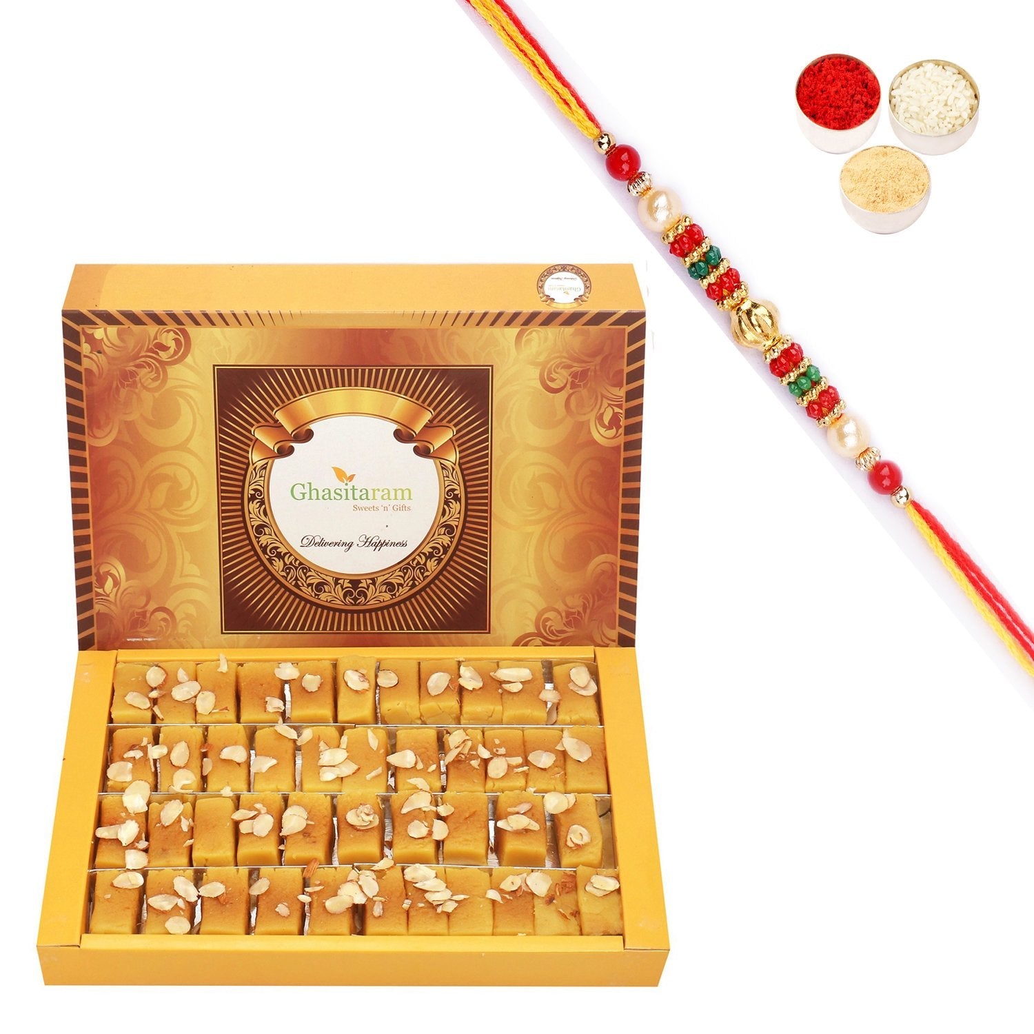 Ghasitaram Soft Mysore pak With Pearl Beads Rakhi