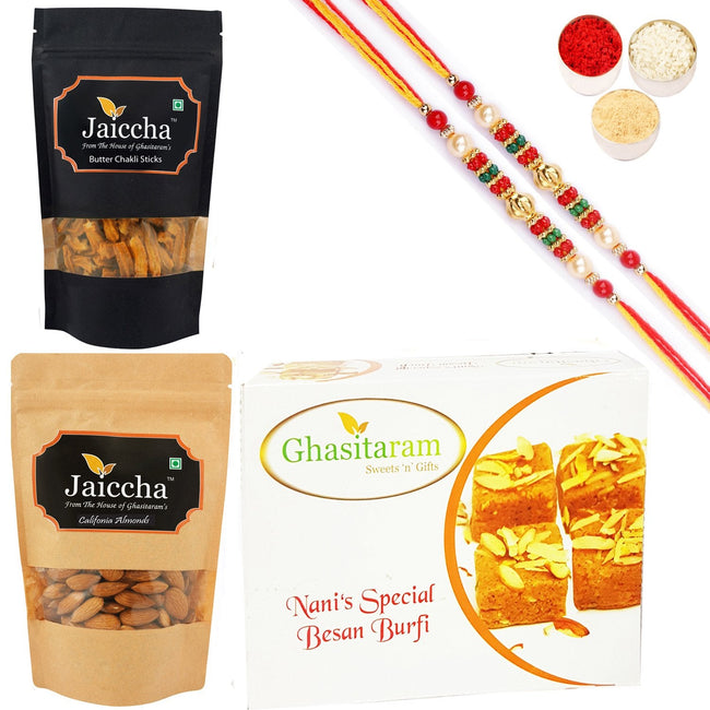 Ghasitaram Besan Barfi, Butter Chakli Sticks and Almonds With 2 Pearl Beads Rakhis Hover Image