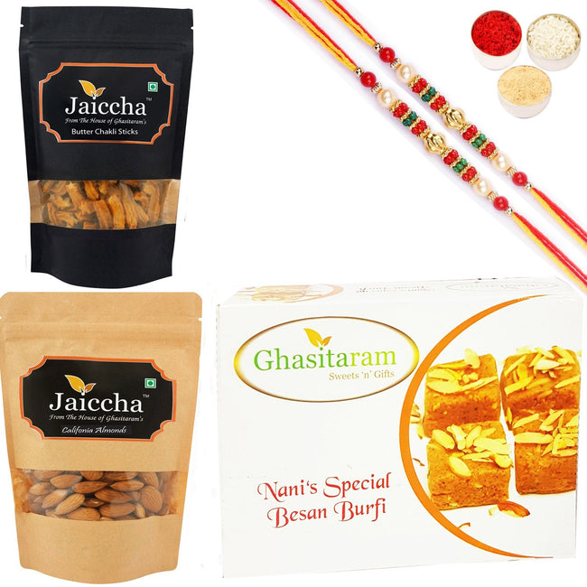 Ghasitaram Besan Barfi, Methi Mathi and Almonds With 2 Pearl Beads Rakhis Hover Image