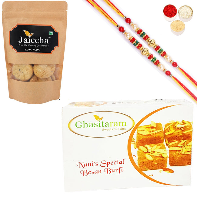 Ghasitaram Besan Barfi and Methi Mathi With 2 Pearl Beads Rakhis Hover Image