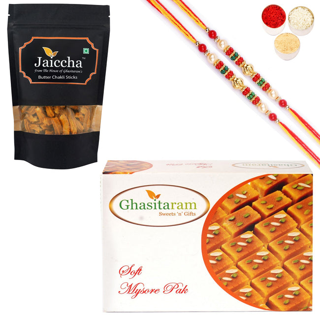Ghasitaram Mysore Pak and Butter Chakli Sticks With 2 Pearl Beads Rakhis Hover Image