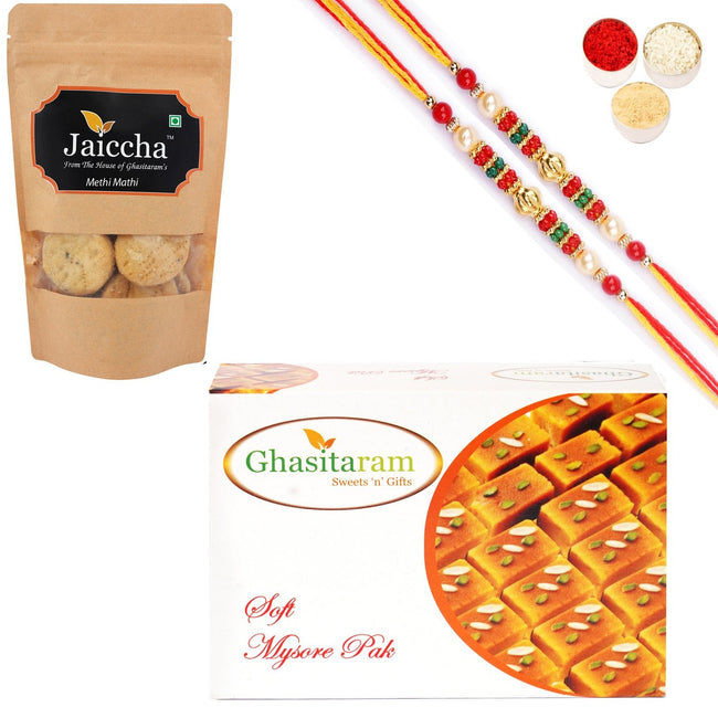 Ghasitaram Mysore Pak and Methi Mathi With 2 Pearl Beads Rakhis Hover Image