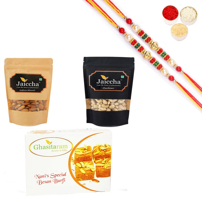 Ghasitaram Almonds,Cashews and Besan Barfi With Pearl Beads Rakhi Hover Image