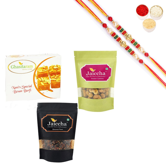 Ghasitaram Besan Barfi,Protein Cashews and Banarsi Paan With Pearl Beads Rakhi Hover Image