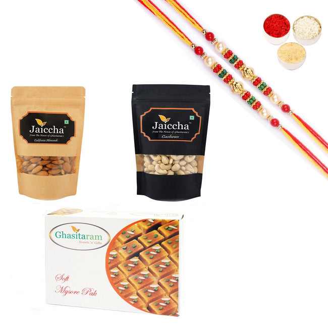 Ghasitaram Almonds,Cashews and Mysore Pak With Pearl Beads Rakhi Hover Image