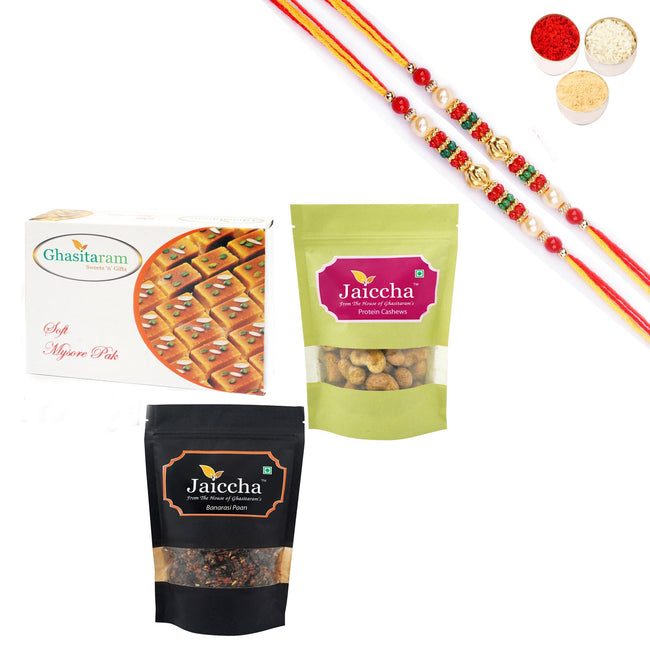 Ghasitaram Mysore Pak,Protein Cashews and Banarsi Paan With Pearl Beads Rakhi Hover Image