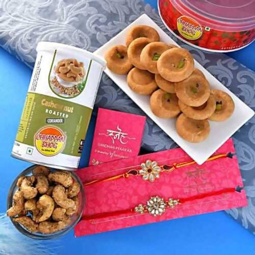 2 Kundan Flower Rakhis & Mathura Peda Hamper Combo Hover Image