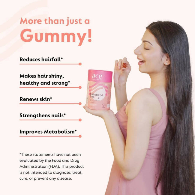 Ace Nutrimony Biotin Balanced Beauty Hair Gummies for Skin and Nails with Clinically Proven Keranat, Biotin - Strawberry Main Image