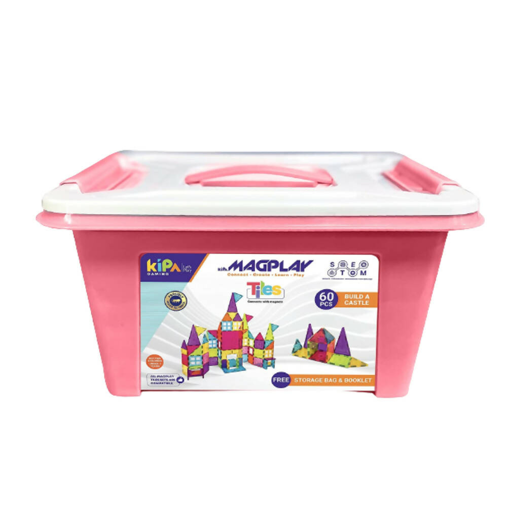 Kipa MagPlay Build A Castle 60 Pcs Magnetic Tiles Set with Storage Container, Constructing and Creative Learning Educational Toy with BagPack for Kids