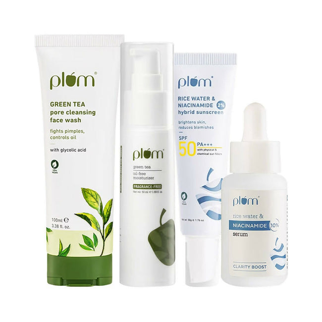 Plum Clear Skin CSMS (Cleanser, Serum, Moisturizer, Sunscreen) Combo With Green Tea & Niacinamide Hover Image