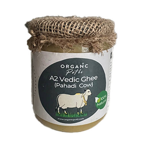 Organic Potli A2 Vedic Ghee Pahadi Cow |  A2 Gir Cow Organic A2 Ghee Vedic Bilona Method Grassfed Cultured Traditional Curd Bilona Ghee, Glass Bottle Hover Image