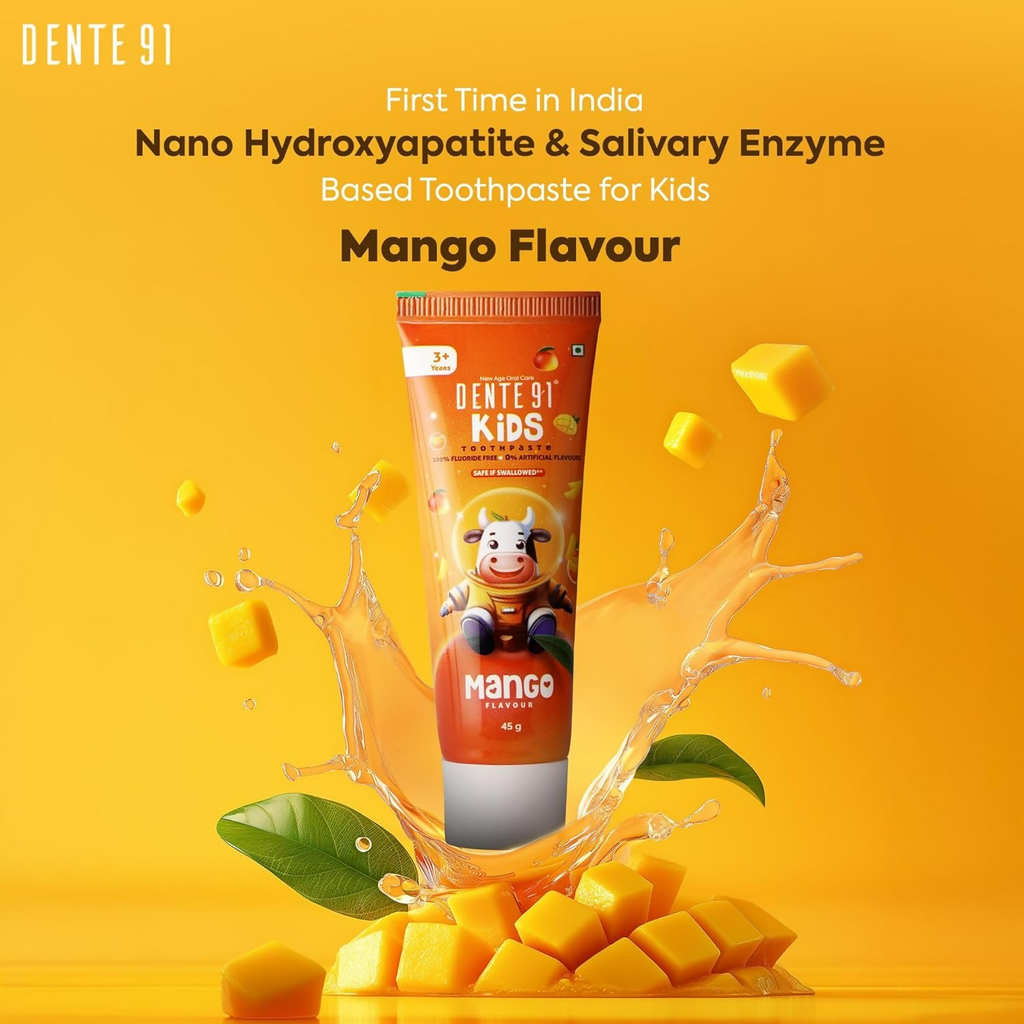 Dente91 Kids Toothpaste Protects Against Dental Caries & Hypersensitivity Fluoride Free, Mango Flavour