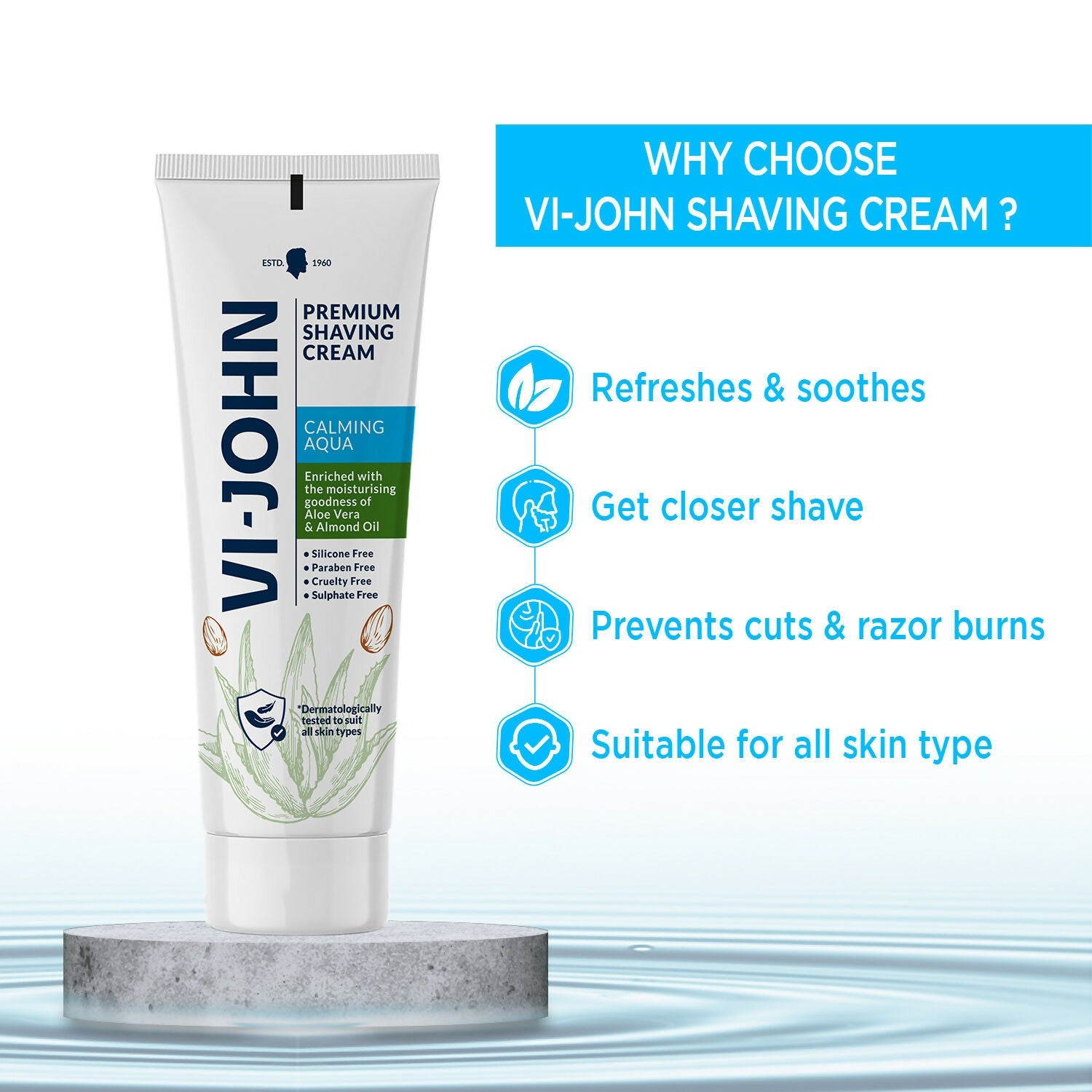 VI-JOHN Dermatologically Tested Premium Claming Aqua Shaving Cream Enriched with Aloevera & Almond Oil free From Silicone,Paraben & Mineral Oil