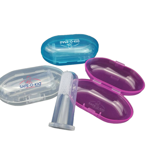 Safe-O-Kid Silicone Baby Finger, Infant Training Soft Teeth Brush, Oral Cleaning Massager For Babies- 1 Blue, 1 Pink & 1 Transparent Hover Image