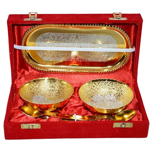 Handmade Plated Brass Bowl with Tray - Set of 5 Pieces