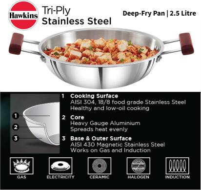 Hawkins TriPly Stainless Steel Deep Fry Pan Kadhai 26 cm Diameter 2.5 L