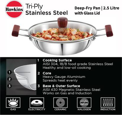 Hawkins TriPly Stainless Steel Kadhai with Glass Lid 26 cm Diameter 2.5 L (SSD25G) Main Image