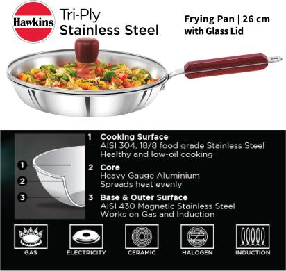 Hawkins TriPly Fry Pan 26 cm Diameter with Lid 1.8 L Capacity (SSF26G) Main Image