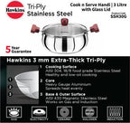 Hawkins TriPly Cook n Serve Handi with Glass Lid 22 cm Diameter 3 L (SSH30G)