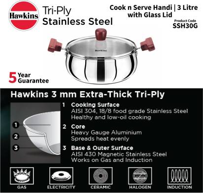 Hawkins TriPly Cook n Serve Handi with Glass Lid 22 cm Diameter 3 L (SSH30G) Main Image