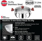 Hawkins TriPly Stainless Steel Cook n Serve Handi with Glass Lid 5 L (SSH50G)