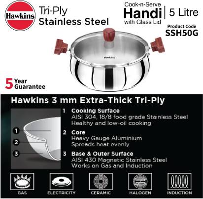Hawkins TriPly Stainless Steel Cook n Serve Handi with Glass Lid 5 L (SSH50G) Main Image