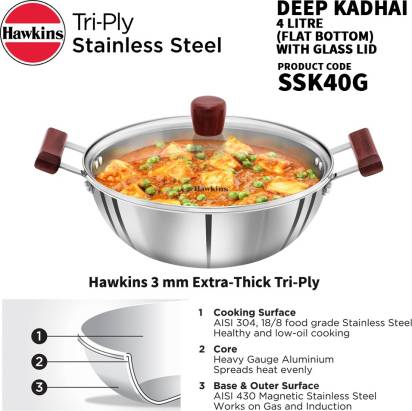 Hawkins Triply Stainless Steel Kadhai 28 cm Diameter with Lid 4 L (SSK40G) Main Image