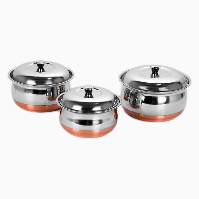 Stainless Steel Copper Bottom Multipurpose Cook & Serve Handi With Lid - Set of 3 Hover Image