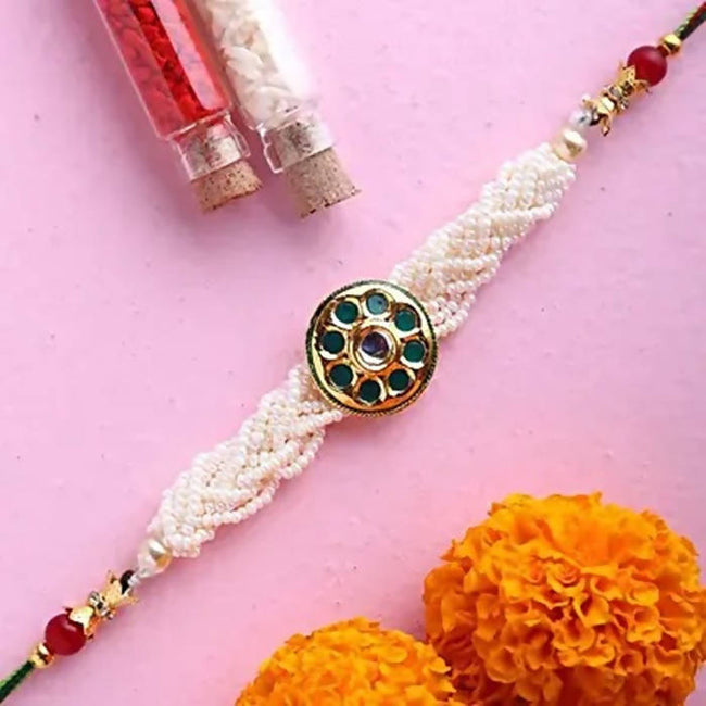 Traditional Kundan Rakhi With Wallet And Chocolate Burfi Main Image