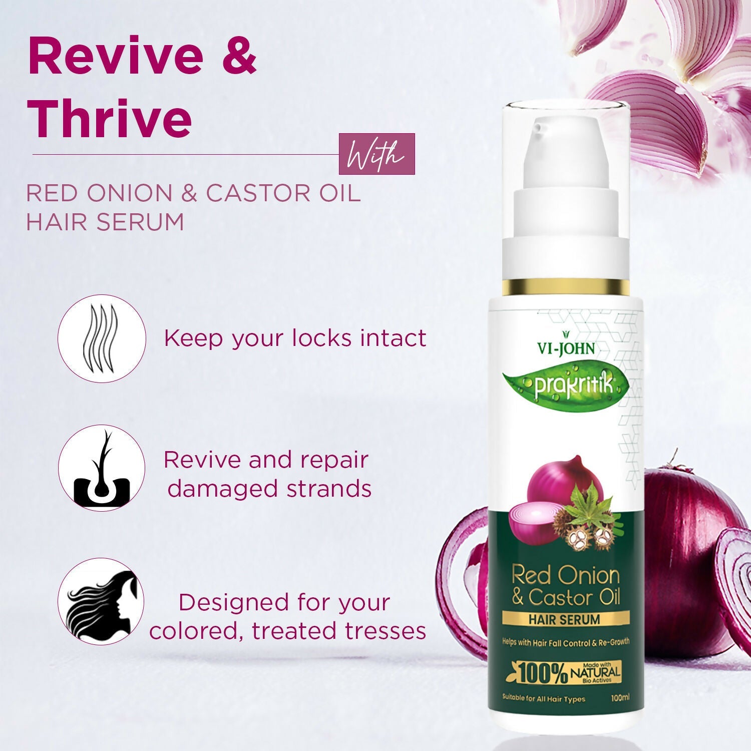 VI-JOHN Prakritik Red Onion & Castor Oil Hair serum, Reduces Hair Loss, 100% Natural Bio Actives Hair Oil