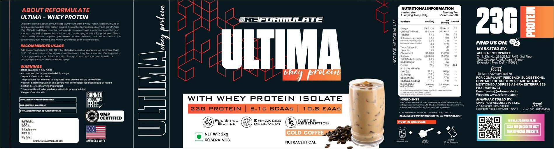 Reformulate Ultima I Whey Protein with Isolate I 23 G Protein I 5.1G BCAA I 10.8 EAA I Pre & Probiotics - Cold Coffee