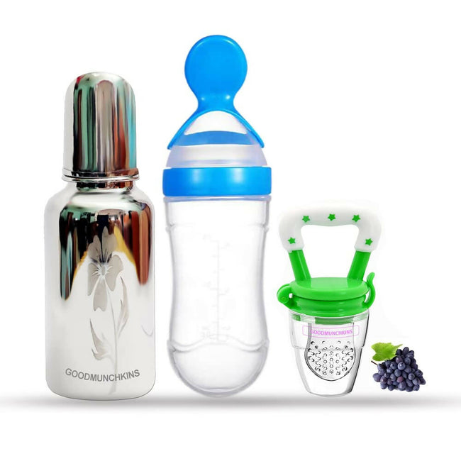 Goodmunchkins Stainless Steel Feeding Bottle, Food Feeder & Fruit Feeder Combo for Baby-(Blue-Green, 220ml) Hover Image