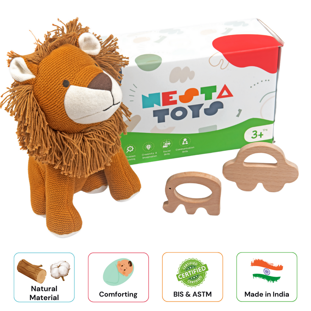Nesta Toys Newborn Gift Set - Lion Plush Toy, Wooden Elephant & Car Teether