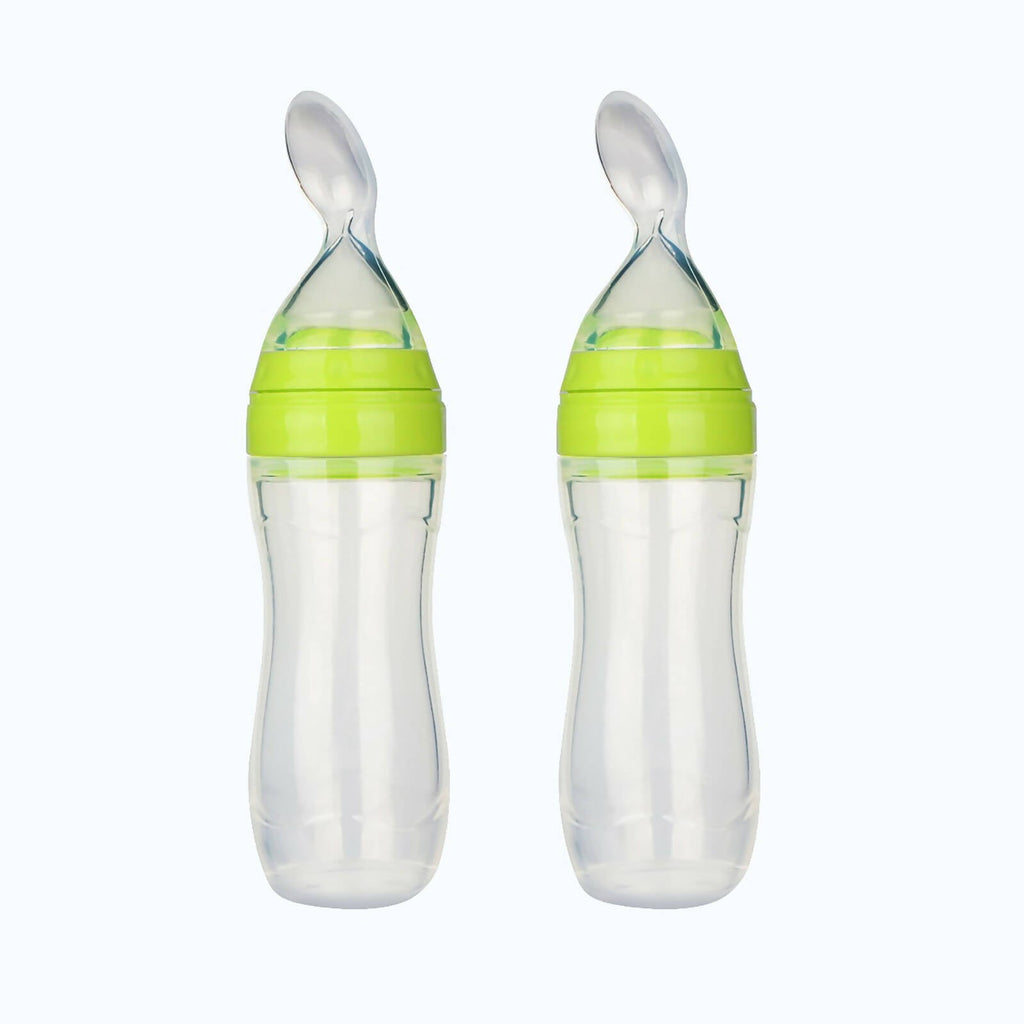 Safe-O-Kid Easy Set of 2 Squeezy Silicone Food Feeder Spoon (Soft Tip) Bottle- Green- 90mL